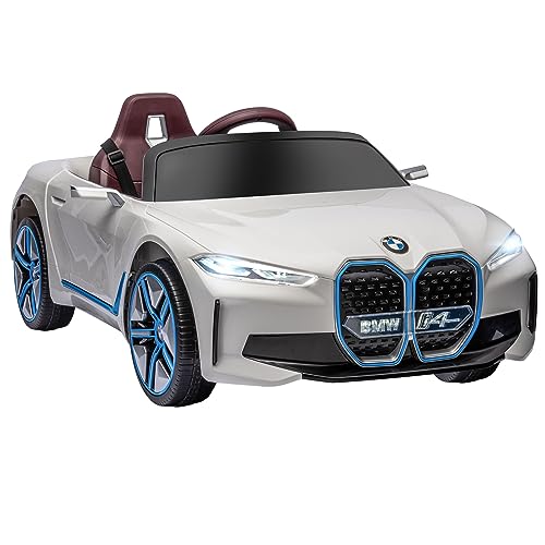 HOMCOM Kinder Elektroauto Elektrofahrzeuge mit Fernbedienung, Tragbarer Batterie, BMW Kinderauto mit Scheinwerfer, MP3-Player, Sicherheitsgurt, 3-5 km/h, für Kinder 3-5 Jahre, Weiß