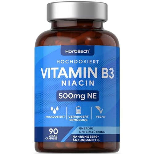 Vitamin B3 Niacin 500mg | 90 VEGANE Flush Free Nicotinamid Kapseln | Hochdosiert Nicotinamide Supplement | Haut - Nerven - Energie | von Horbaach