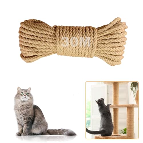 Niserelesa Natürliches Sisalseil für Kratzbäume, 6 mm dickes Jute-Hanf-Katzenseil für Kratzbaum-Ersatz, Kratzbaum-Reparatur, DIY-Projekte und Möbelverpackung, 30 m