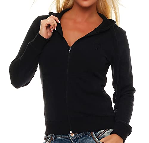 Gennadi Hoppe Damen Sweatjacke Kapuzenjacke Frauen Trainingsjacke Sportjacke Freizeitjacke Zip-Hoodie Zip-Jacke gym Sport sportlich lässig modern leicht bequem dünn Kapuze schwarz schwarze M H7814