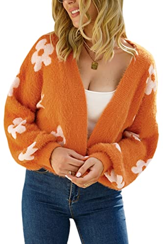 Theenkoln Damen Strickjacke Blumen Winterjacke: Lässig Übergangsjacke Frühling Fleecejacke Herbst Cardigan Herz Steppjacke Gänseblümchen Teddyjacke Langarm Pullover Plüschjacke Orange M