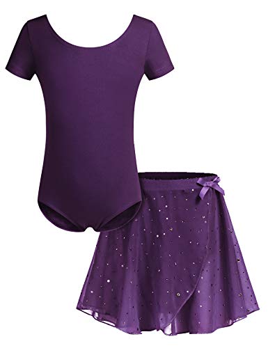 Bricnat Mädchen Ballettkleidung Ballettkleid Tanzbody Ballettkostüme Balletttrikot Kurzarm Tanzkleid mit Tütü Kinder Baumwolle Lila 150