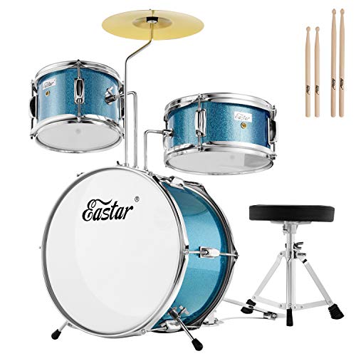Eastar Schlagzeug 14" 3 PC, für 3-10 Jahre Kinde, Schlagzeug Set mit Snare, Tom, Bass Drum, Bass Drum Pedal, Thron, Becken, Drumsticks, Himmelblau