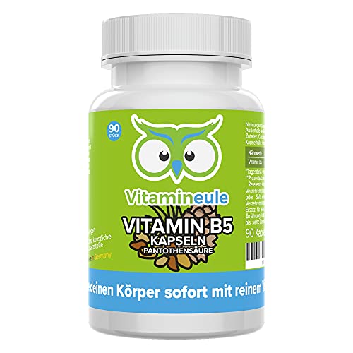 Vitamin B5 Kapseln - 250 mg - hochdosiert - pflanzlich - Qualität aus Deutschland - vegan - laborgeprüft - ohne Zusätze - reine Pantothensäure - natürliches Calciumpantothenat - Vitamineule®