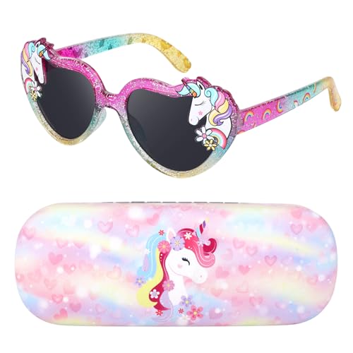 Sonnenbrille Kinder Herz Sonnenbrille Einhorn UV Schutz Kleinkind Sonnenbrillen mit Einhorn Brillenetui Hardcase Party Sonnenbrille Kinder 3-10 Jahren