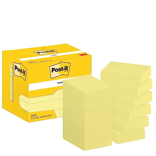 Post-it Notizen Kanariengelb, Packung mit 12 Blöcken, 100 Blatt pro Block, 51 mm x 38 mm, Farbe: Gelb - Selbstklebende Notizzettel zum Notieren, für To-Do-Listen und als Erinnerung