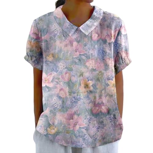 Sommer Damen Elegantes Revers Rundhals Leinenhemd Bedrucktes Lockeres Pullover Vintage Casual T-Shirt Weiße Arbeitshose Damen Gummizug (Blue, M)