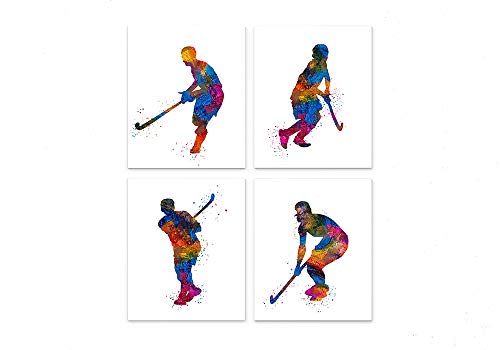 Wandkunst, Motiv: Feldhockeyspieler, abstrakter Sport, 20.3x25.4 cm Set mit 4 Drucken, ideal für männliche Spieler, Hockey-Club, Schließfachzimmer oder Wohnheim-Dekoration