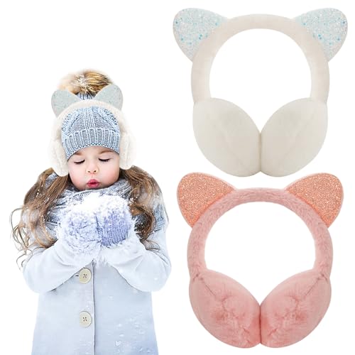 Forreen Ohrwärmer für Mädchen, 2 Stück Ohrenschützer Plüsch Süße KatzeÖhrche Einstellbar Earmuffs Weich Kältebeständig Ohrenwärmer für Außenbereich, Warm, Winter