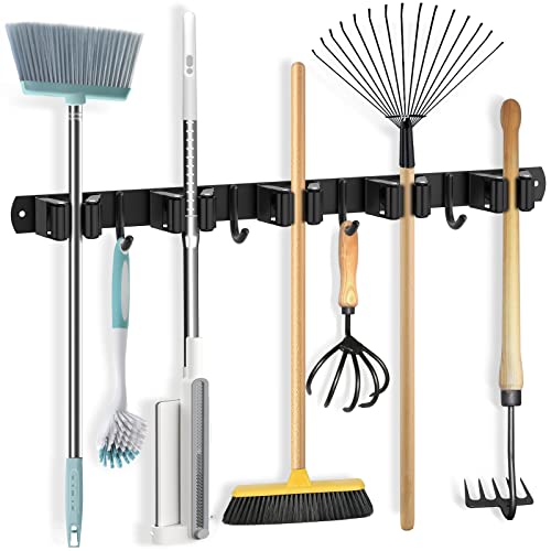 ZcScoery Besenhalterung Wand,Gerätehalter Edelstahl,Besen Mop Halter Wandhalterung,Selbstklebend Werkzeughalter Organizer mit 5 Halter und 4 Haken für Zuhause,Küche,Badezimmer,Garage,Garten