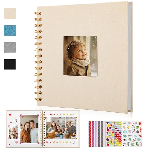 DazSpirit Leinen Fotoalbum zum Selbstgestalten, 20,5 x 20,5cm, 60 Weißen Seiten Fotobuch zum Einkleben mit Frontfenster, 5 Aufkleber, DIY Geschenk für Baby, Familie, Jahrestag, Geburtstag (Beige)