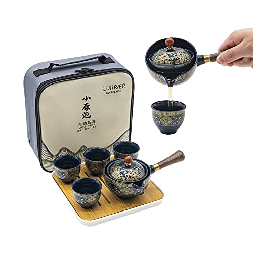 LURRIER Chinesisches Gongfu-Tee-Set, aus Porzellan, tragbares Teekannen-Set mit 360 Grad drehbarer Teebereiter und Teesieb, tragbare All-in-One-Geschenktüte für Reisen, Zuhause, Geschenk, Outdoor und