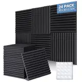 Ohuhu Akustikschaumstoff Akustikpaneele 24 Stück mit Aufkleber, 30 x 30 x 2,5 cm, Schalldämmung Wand Schallabsorber Akustikschaumplatten Schallschutz für Tonstudio Podcasts Gaming Deko, Schwarz