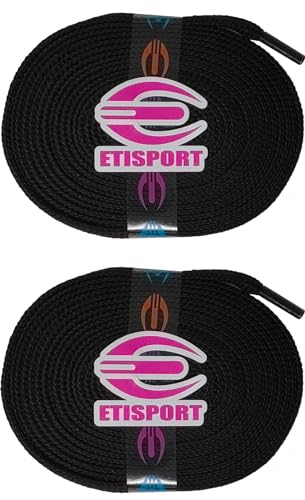 ETISPORT Paar professionelle flache Schnürsenkel für Hockey- und Schlittschuhe und Riemen mit Rollen. Beständig. Länge jeweils 3 m | 118in. (Glatte Schwarz)