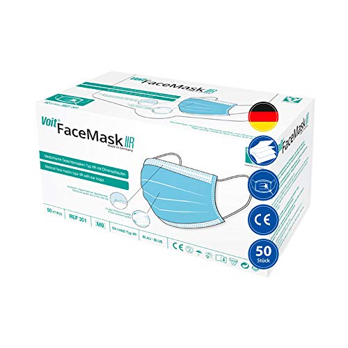 VOIT - Medizinische Gesichtsmaske Typ IIR EN 14683, 4-lagig, Einweg-Mundschutz, OP-Maske mit Ohrenschlaufen, atmungsaktiv, Made in Germany, 50 Stück