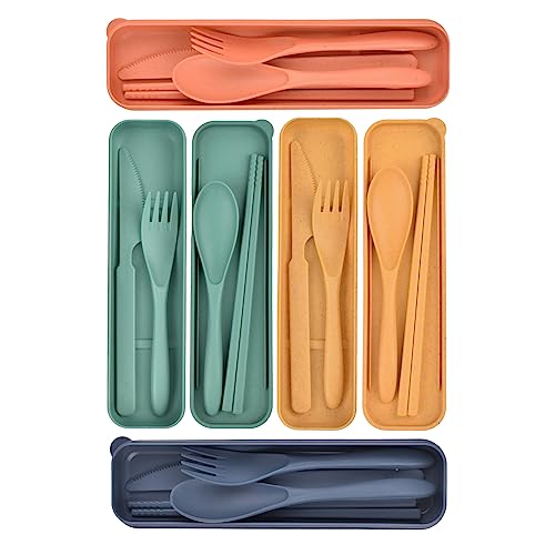 Besteck Set 4 Personen, Campingbesteck & Reisebesteck - Robust, Tragbar und Wiederverwendbar, Reisebesteck mit Etui für Camping Geburtstagsfeier Schule Arbeiten
