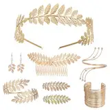 DASIAUTOEM 8 Stück Griechische Göttin Kostüm Für Damen, Goldenes Lorbeerblatt Krone Stirnband Oberarmmanschette Spulenarmband Perlenblatt Ohrring Für Hochzeit 2025 Karneval Party Cosplay Damen