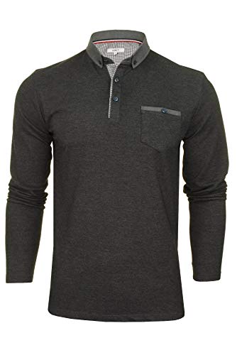 Xact Herren Langarm Piqué-Poloshirt aus Baumwolle mit Chambray-Button-Down-Kragen (Charcoal) L