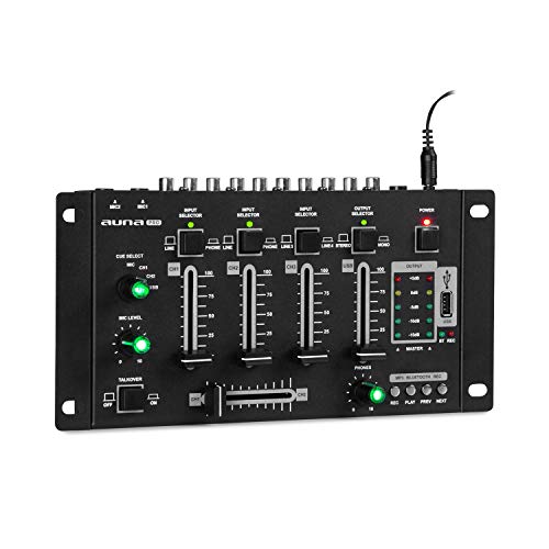 Resident DJ Amnesia - 4-Kanal Mixer, Mischpult, Bluetooth, MP3-fähiger USB-Port, Mikrofon- & Kopfhörer-Lautstärke stufenlos regelbar, 2 x 6,3mm-Klinke-Mikrofon-Eingang, Metall-Chassis, schwarz