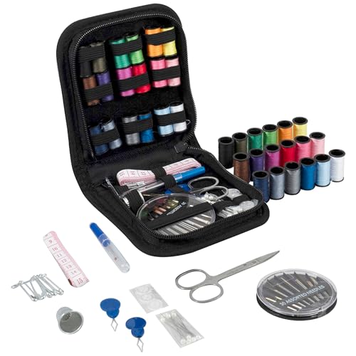 Trimits Reise-Nähset – tragbare Tasche für Erwachsene, Anfänger, DIY, Zuhause, Reisen, Notfall, Knopfreparatur & Kleidung Fixes mit Fadennadeln, Schere, Klebeband, Knöpfen und mehr – 12,5 x 12 x 3 cm