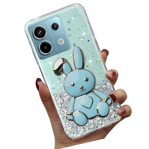 Tivenfezk Nadoli für Xiaomi Poco X6 5G Herz Hase Versteckt Ständer Hülle,Karikatur Glitzer Ständer Weiche Silikon Bling Durchsichtig Schutzhülle,Grün