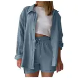 Generisch Musselin Set, Sommer Zweiteiler Damen Elegant Musselin Bluse Und Shorts, Aesthetic Lounge Set Baumwolle Sportanzug Oversize Freizeitanzug Langarm Hausanzug Y2K Clothes