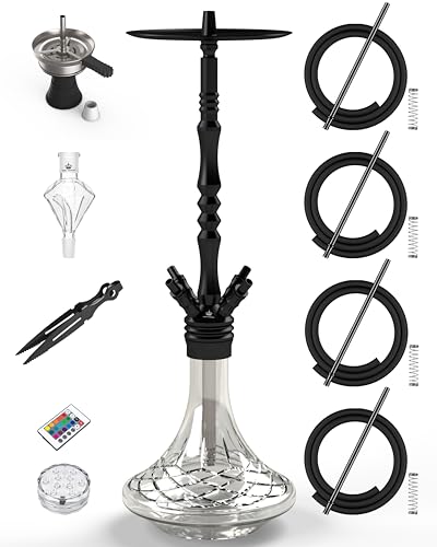 NOBLE HOOKAH HOOKAH 100cm 4 Anschlüsse Aluminium Shisha Set mit LED Licht, 4 Schläuche, Glasbase, Molassefänger