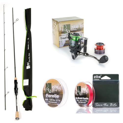 Zite Fishing UL Forellen-Rute 190cm 2-5g | Trout-Spoon Angel-Rute | Spinnrute Ultra Light mit Korkgriff für Forellen & Barsch Angeln (Rute mit Rolle und 2X Schnur)