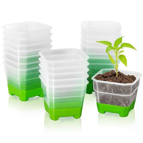 Yokuni Cultivation Pots, 20 Stück Anzuchttöpfe Ø 10 cm Pflanztöpfe aus Kunststoff Anzuchttöpfe Eckig Transparent mit Silikonsockel Wiederverwendbar Pflanzcontainer Blumentöpfe für Pflanzen