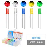 REAQUE 300 Stück LED Leuchtdioden 3mm/5mm LED Dioden Sortiment Kit Rundkopf 2 Pin Diffuse LED Leuchtdioden Elektronikkomponenten mit 5 Farben