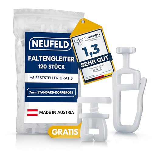 NEUFELD® 120 Gardinengleiter für Innenlaufschienen (inkl. 6 Feststeller) | 7mm Faltengleiter für Gardinenschienen, Vorhangschienen | Gardinenrollen