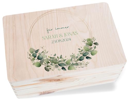 Holzkiste - Für Immer Eukalyptus mit Name und Datum | Erinnerungsbox Hochzeit Aufbewahrungsbox | Box Hochzeit für Geldgeschenke - 30 x 20 x 14 - Holz - hochzeitskiste hochzeitskartenbox brautpaar