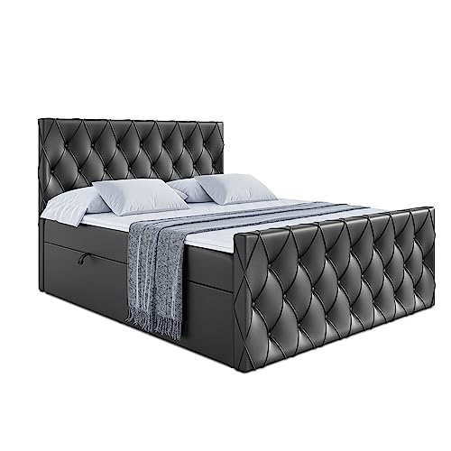 ALTDECOR Boxspringbett mit H3-Matratze (20 cm hoch) mit Bonellfederung, Kunstlederbett, Topper (4 cm hoch), Polsterbett mit Kopfteil und Bettkasten - AMAY - 180x200 - Schwarz Kunstleder