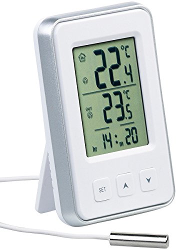 PEARL Außenthermometer: Digitales Innen- und Außen-Thermometer mit Uhrzeit und LCD-Display (Thermometer mit Außenfühler Kabel, Temperaturanzeiger innen und außen, Kühlschrankthermometer)