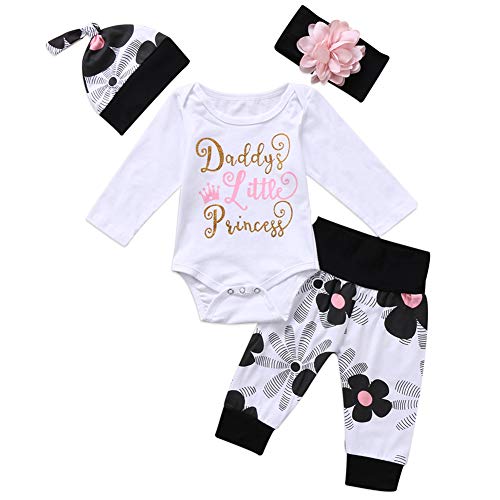 Geagodelia Babykleidung Set Baby Mädchen Langarm Body Strampler + Hose + Stirnband Mütze Kleinkinder Neugeborene Warme Babyset Kleidung Daddy's Prinzessin (0-6 Monate, Weiß & Schwarz 615)