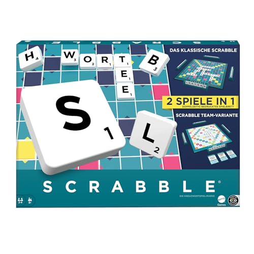 MATTEL GAMES Scrabble Zwei in Eins - Doppelseitiges Brettspiel für schnelles, zwangloses und kooperatives Spiel, inklusive 50 Zielkarten für Scrabble Together, einfache Punktevergabe, HWD45