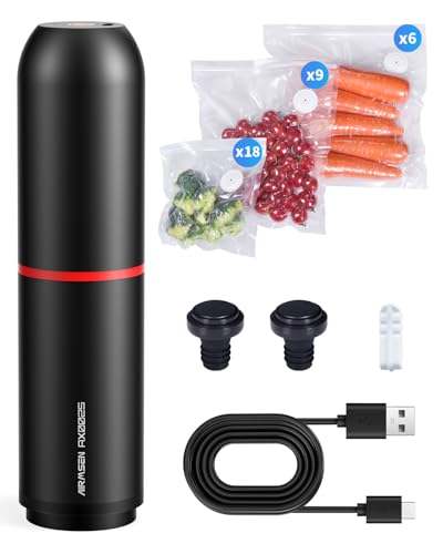 AIRMSEN Vakuumiergerät Klein, Handvakuumierer mit 40 kPa Saugkraft, inklusive 33 Vakuumbeutel & 2 Weinverschlüsse, ideal für Zuhause, Reisen, Camping und zur Lebensmittelkonservierung