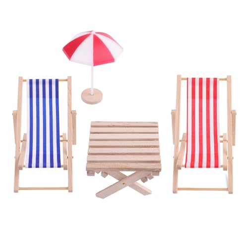 Yuanchu Miniatur Puppenhaus Strandstuhl, 4 Stück 1:12 Strand Dekoration Outdoor Zubehör Mini Puppen Zwillings Liegestühle Regenschirm Tisch für DIY Garten Zen Meer Strand Möbel Dekor Geschenk