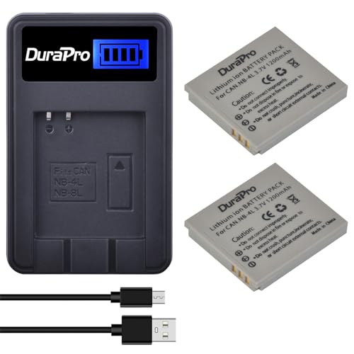 DuraPro 2Pcs NB-4L NB 4L Battery + LCD USB Charger for Canon IXUS 30, 40, 50, 55, 60, 65, 70, 75, 80 is, 82 is, 100 is, 110 is, 115 HS, 120 is, 130, 220 HS, 230 HS, 255 HS, I Zoom, i7, i7 Zoom