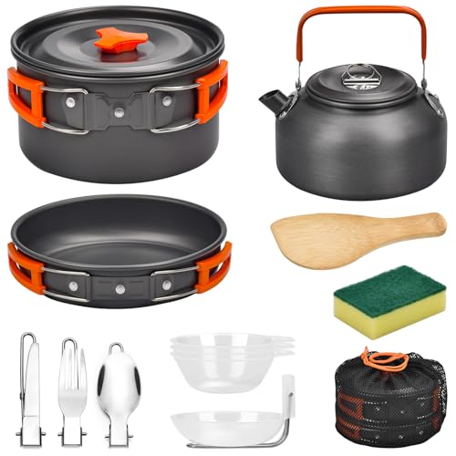 Onherm 13 Teilige Camping Kochgeschirr Set, Faltbare Outdoor Geschirr Set mit Camping Topf, Camping Bratpfanne und Teekannen für Wandern Outdoor Kochen Picnick 1-4 Person
