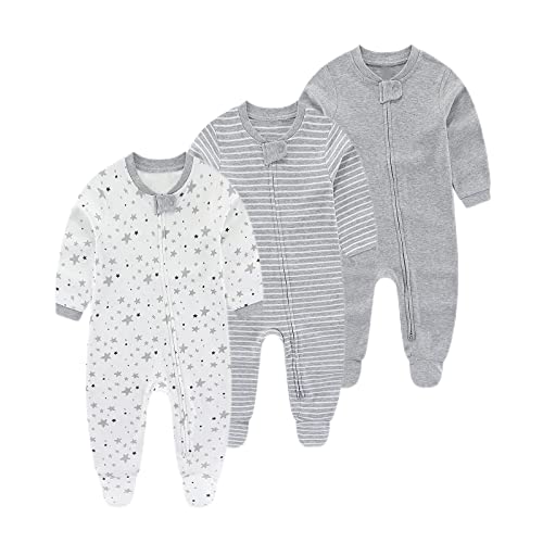 Chamie Baby Schlafanzug Strampler Langarm für Baby Jungen und Mädchen, Doppelter Reißverschluss und Halsschutz, 0-3m/3-6m/6-9m/9-12m