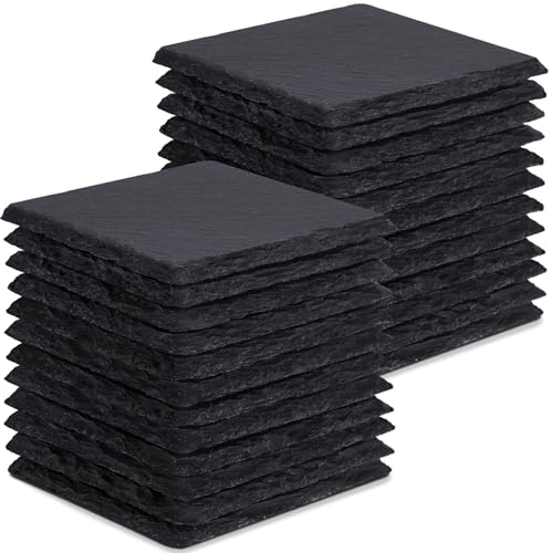 24 Stück Schiefer-Getränkeuntersetzer, GOH DODD 4 Zoll Schwarze Steinuntersetzer Set, Lasergravierte Blanko-Untersetzer mit Anti-Kratz-Boden für Zuhause, Büro, Küche, Wohnung, Bar, Quadrat