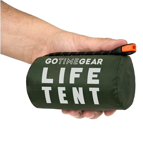 Go Time Gear Life Tent Notfallzelt – Biwakzelt für 2 Personen – Geeignet als Notfallzelt und -Schutz, Rohrzelt, Survival Ausrüstung – Zelt 2 Personen mit Survival-Pfeife und Paracord-Kordelzug - Grün