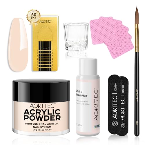 Aokitec Acryl Nagelset - Nude Acrylpulver mit Acryl Liquid Nagelpinsel Nägel Zubehör, Tragbares Mini Acrylic Nail Set Acryl Set Nägel Starterset für Acryl Pulver Nails, Nägel Selber Machen