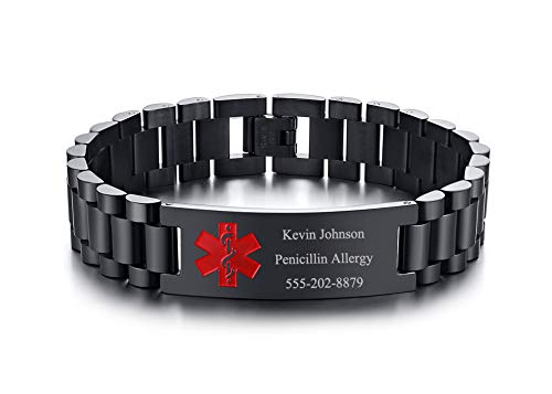 Notfallarmband Notfall Medizinisches Armband Herren - Gravieren Asthma Medizinische Alarm ID Armbänder mit Verstellbares Edelstahl Individuell Personalisierte Allergie Diabetiker Armband für Männer