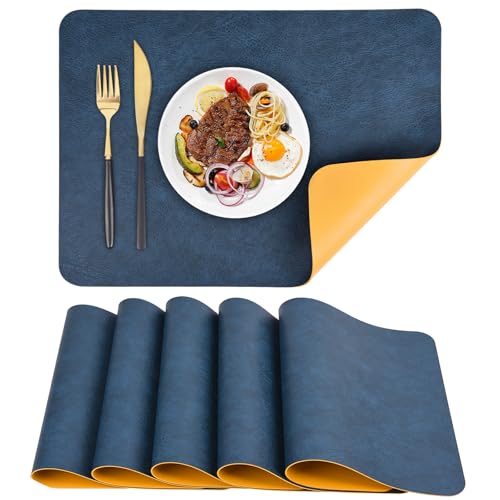 APLKER Platzsets 6er Set, Abwaschbar Tischsets rutschfest, Doppelseitigen Kunstleder Platzdeckchen, Hitzebeständig Platz-Matten für Küche Speisetisch, 40 x 30 cm (Blau/Gelb, 6pcs)