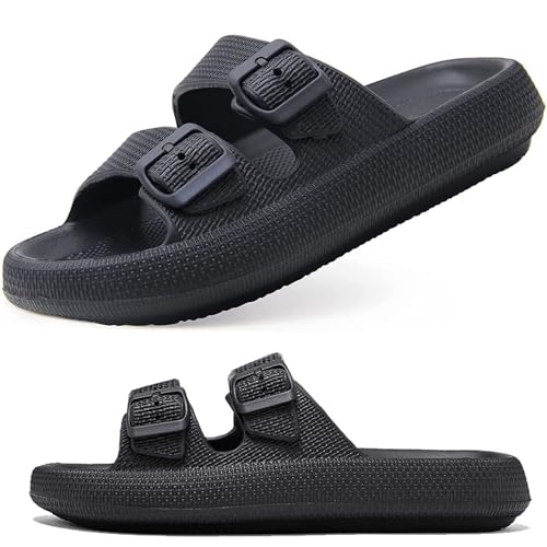 VEXITO Wolkenschuhe Damen Mit Schnallen Riemen weich Fußbett Verstellbar Sandalen Herren Sommer Hausschuhe Schlappen Buckle Badeschuhe Pantoletten Schuhe Schwarz Gr. 40-41