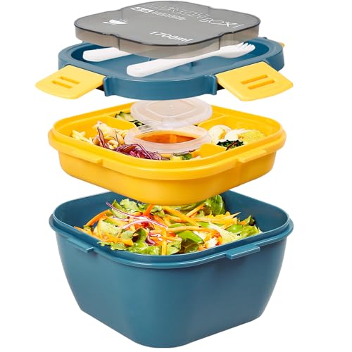 Greentainer Lunchbox Auslaufsichere Bento Box mit 1 Gabel, Salatbehälter mit Dressingbehälter, 3 Fächer Salatbox-to-go für Schule,Arbeit,Picknick, Reisen,Camping (Hellblau, 1700ML)