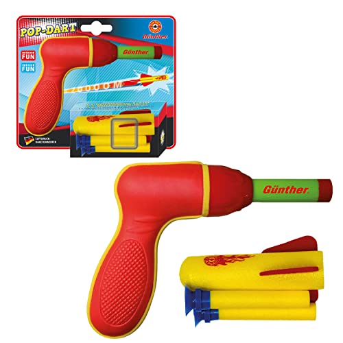 Günther Flugspiele 1542 - Raketenspiel Pop Darts, ca. 12 x 15 cm, Wurfspiel mit 1 Schaumstoff-Rakete und 2 Soft Darts, Raketen Spielzeug für Kinder ab 4 Jahren, inkl. Abschusspistole