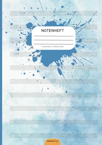 Notenheft: DIN A4 Notenlinienheft, Notenbuch für den Musik-Unterricht, A4 Blanko Notenpapier, Musiktheorie Schule, 60 Seiten mit 12 Notenzeilen / Systeme pro Blatt